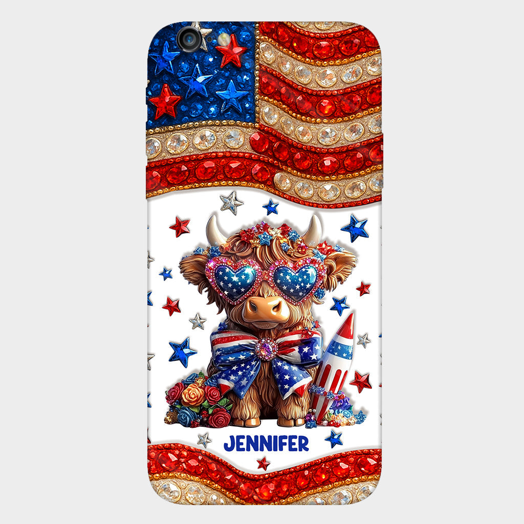 Coque de téléphone personnalisée avec motif vache des Highlands, motif 4 juillet américain