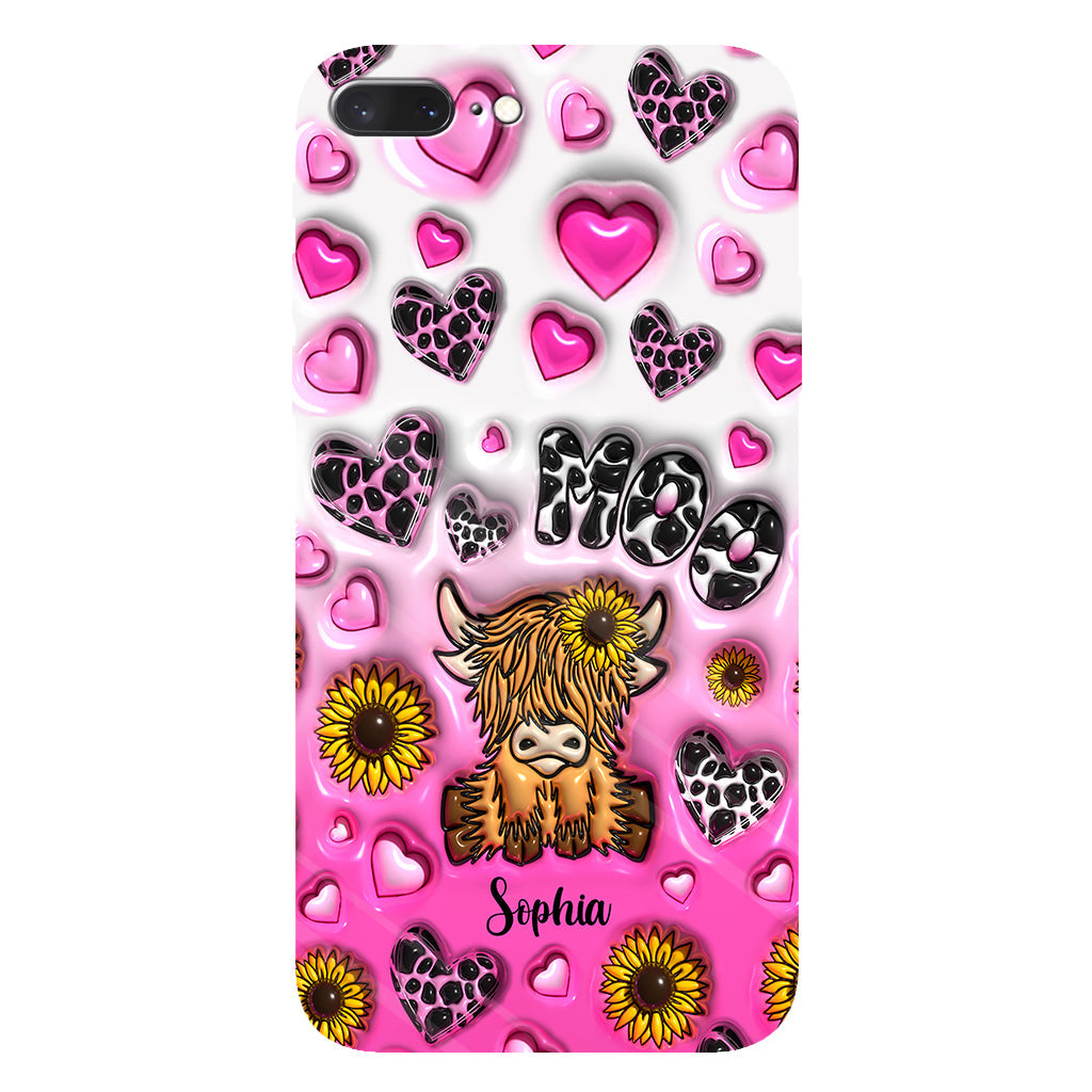 Coque de téléphone personnalisée avec impression intégrale représentant une vache des Highlands et un tournesol
