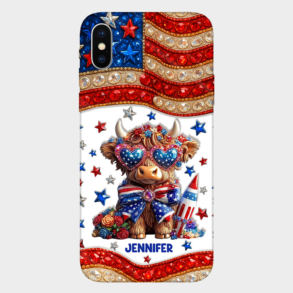 Coque de téléphone personnalisée avec motif vache des Highlands, motif 4 juillet américain
