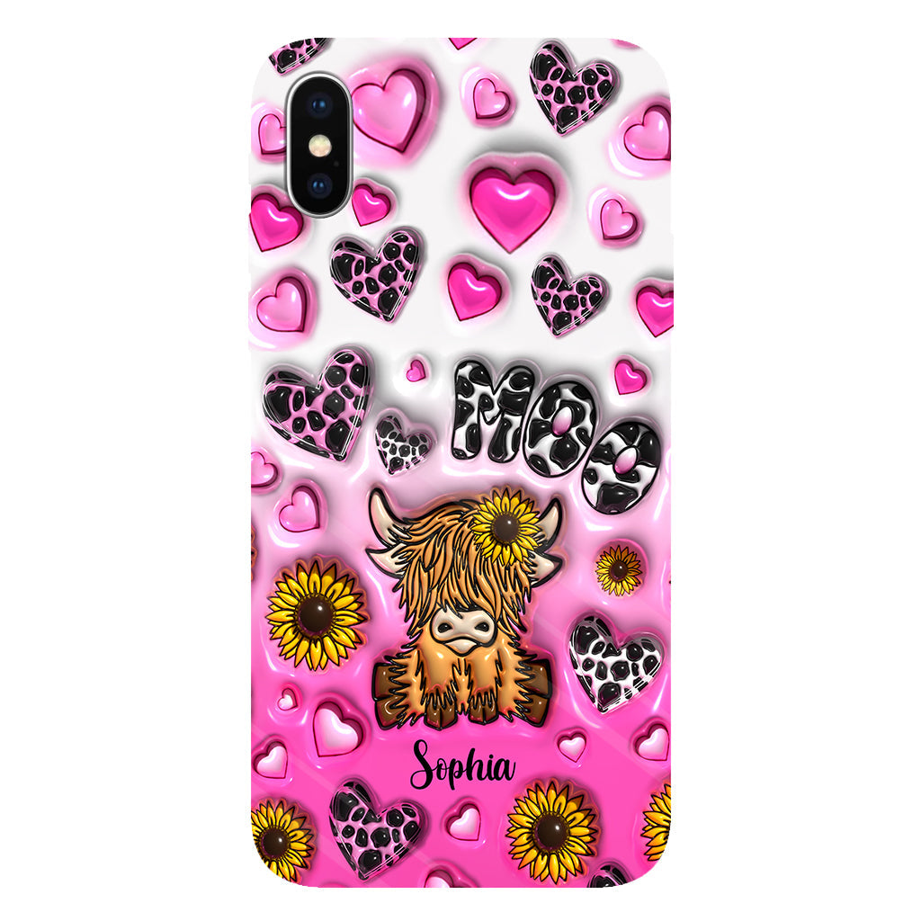 Coque de téléphone personnalisée avec impression intégrale représentant une vache des Highlands et un tournesol