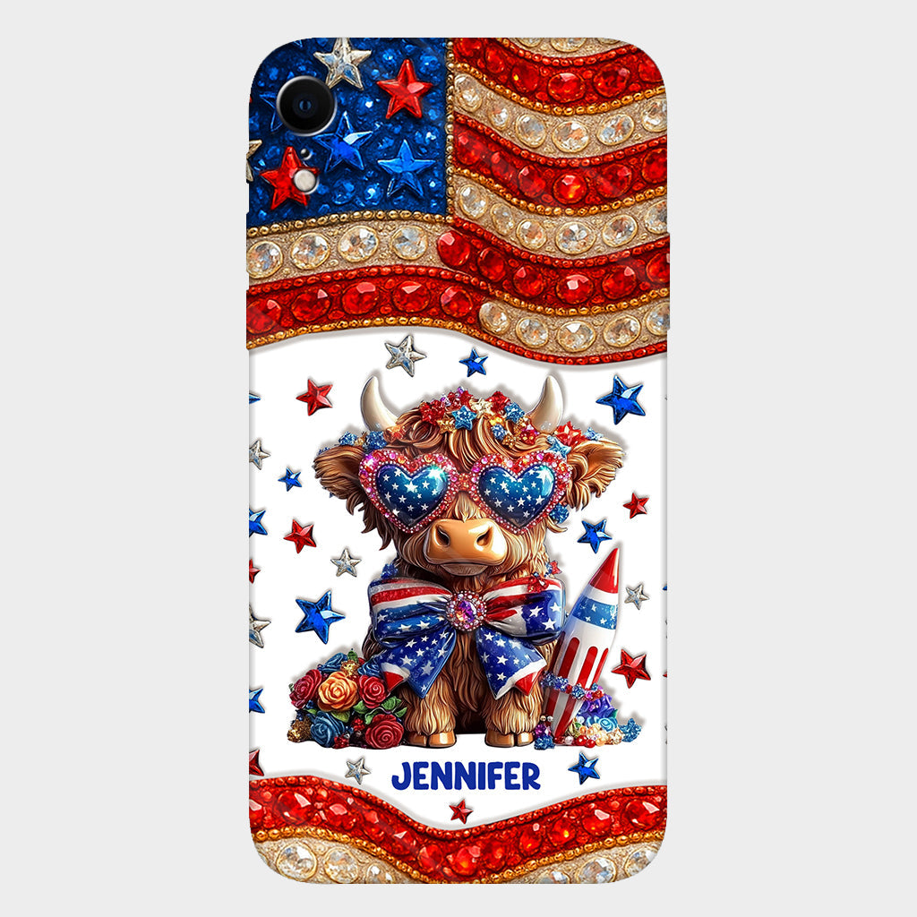 Coque de téléphone personnalisée avec motif vache des Highlands, motif 4 juillet américain
