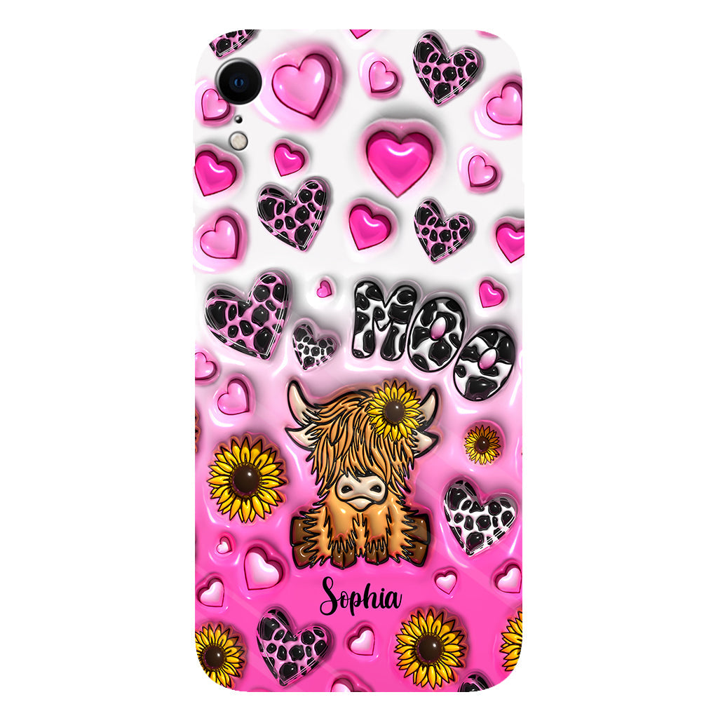 Coque de téléphone personnalisée avec impression intégrale représentant une vache des Highlands et un tournesol