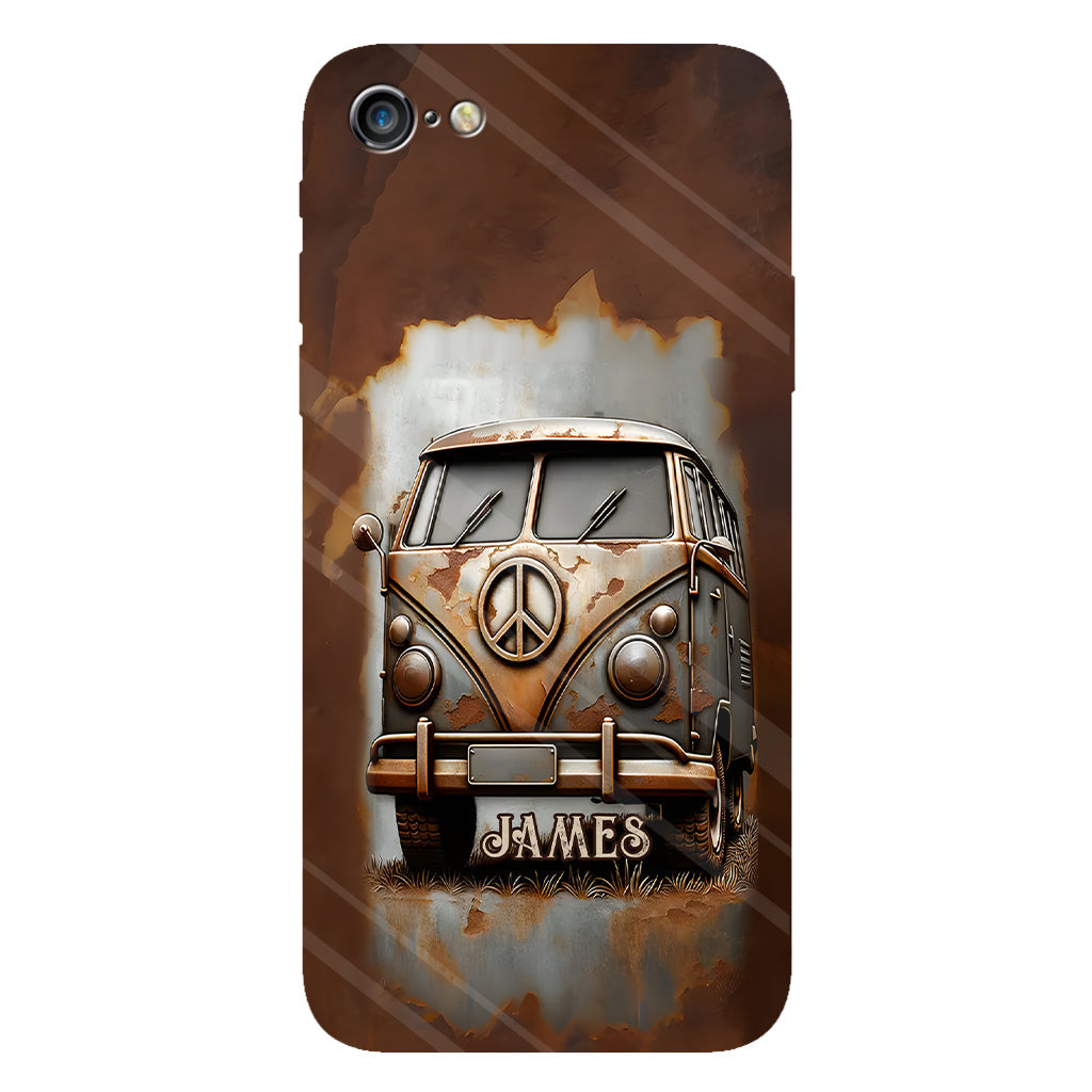 Coque de téléphone personnalisée style hippie vintage, motif « Camping-car, symbole de paix et âme », imprimée intégralement, avec symbole de paix et camping-car.