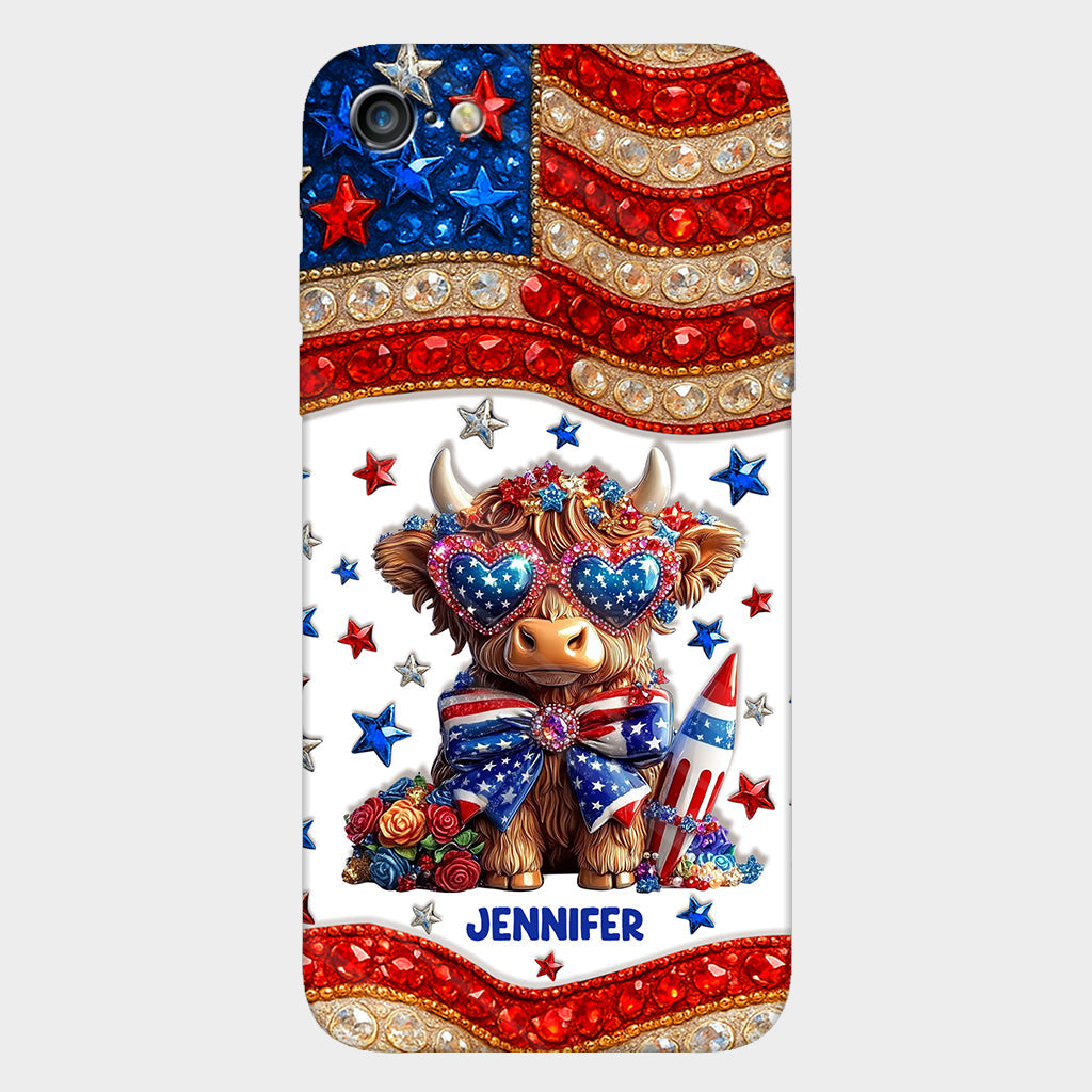Coque de téléphone personnalisée avec motif vache des Highlands, motif 4 juillet américain