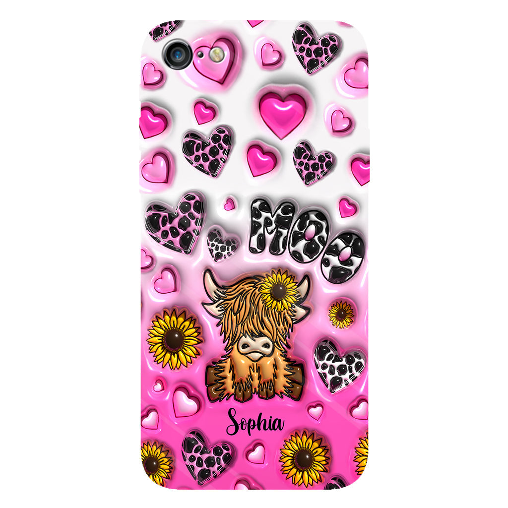Coque de téléphone personnalisée avec impression intégrale représentant une vache des Highlands et un tournesol