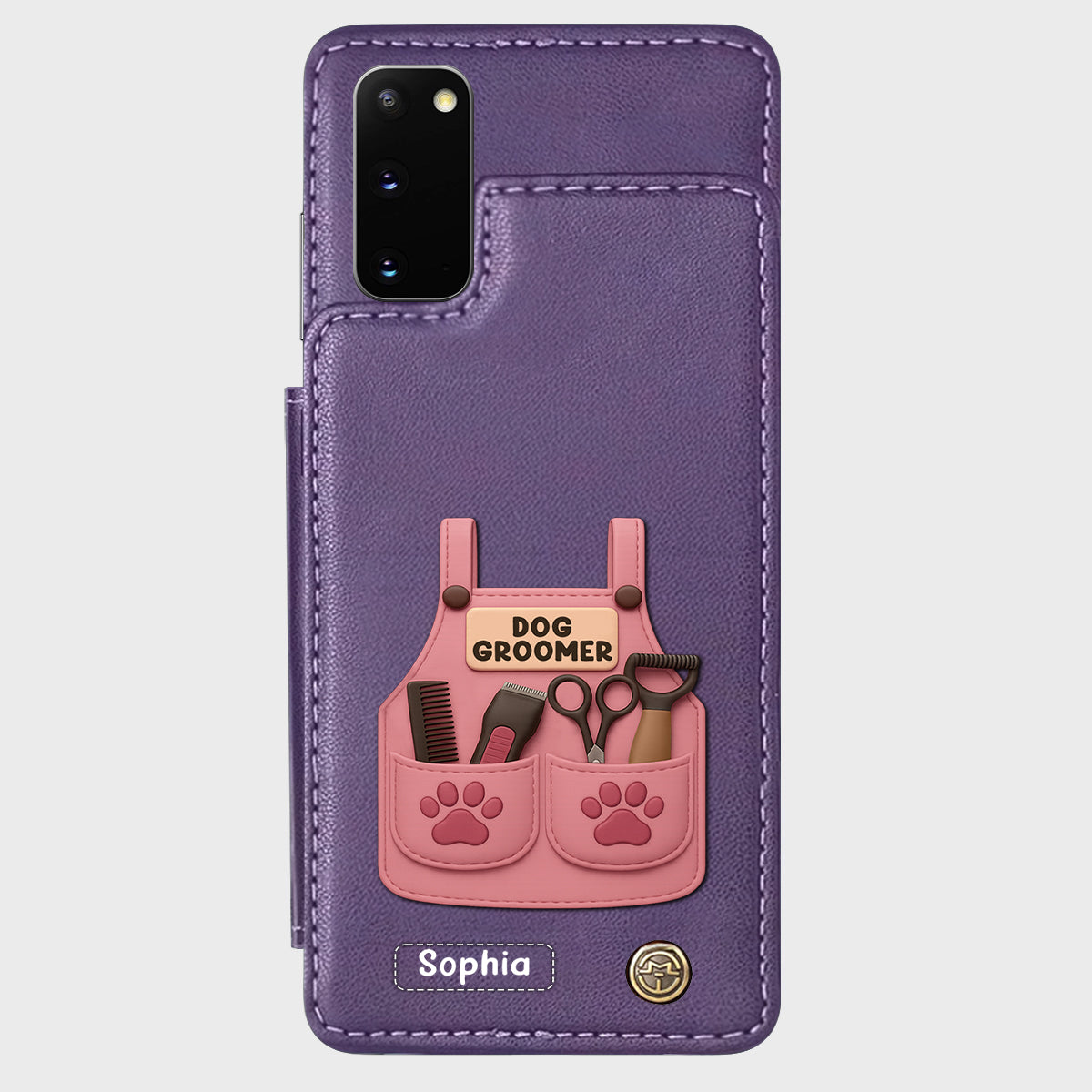Étui portefeuille/téléphone personnalisé pour toiletteur canin, avec outils de toilettage et empreintes de pattes