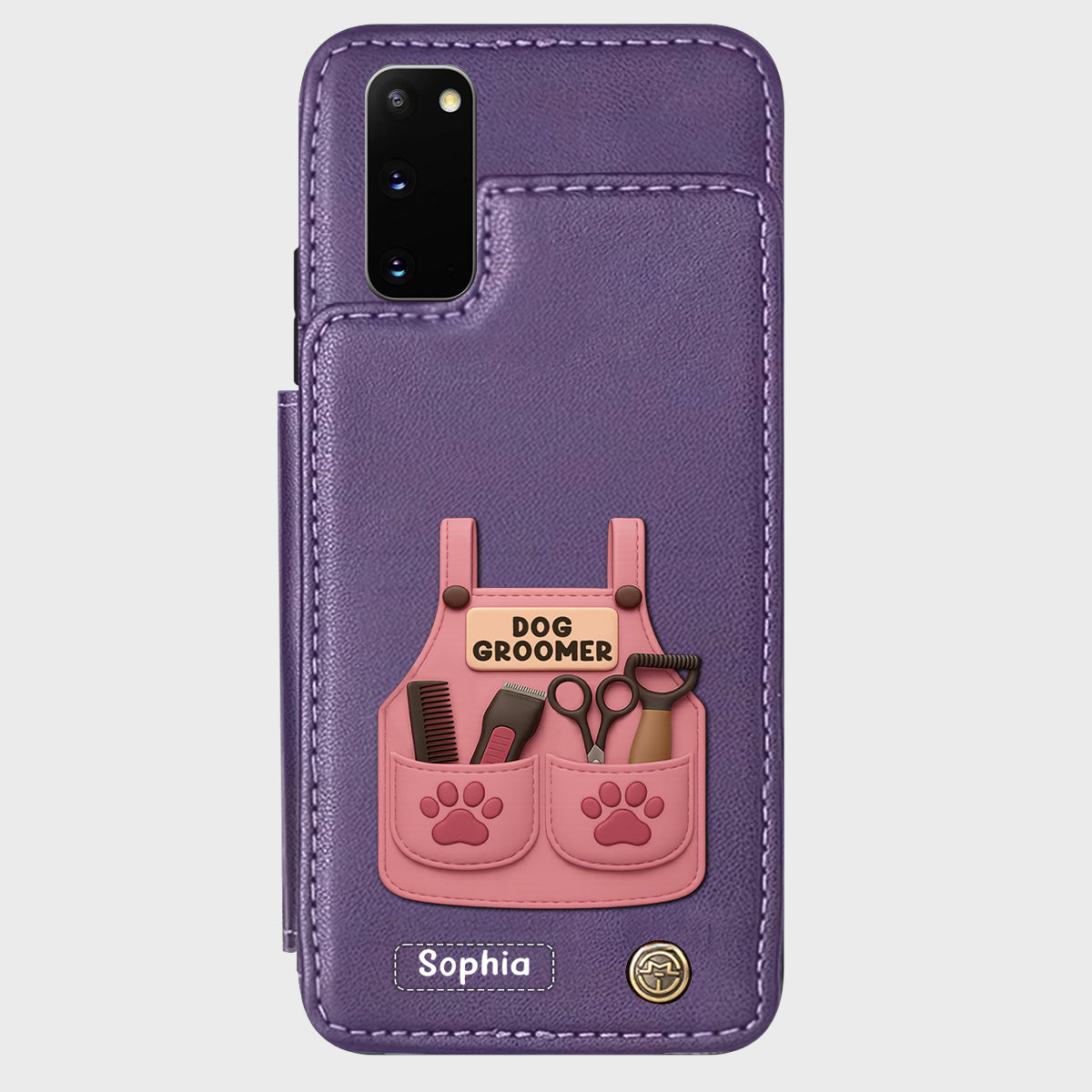 Étui portefeuille/téléphone personnalisé pour toiletteur canin, avec outils de toilettage et empreintes de pattes