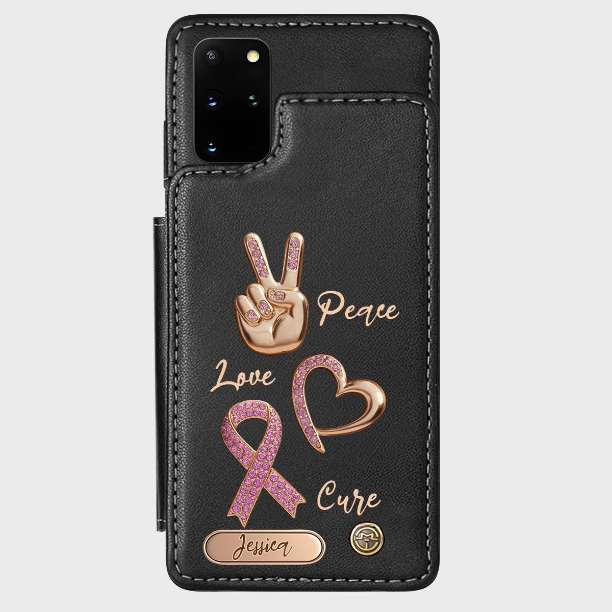Étui portefeuille personnalisé Peace Love Cure pour téléphone, symbole de sensibilisation au cancer du sein