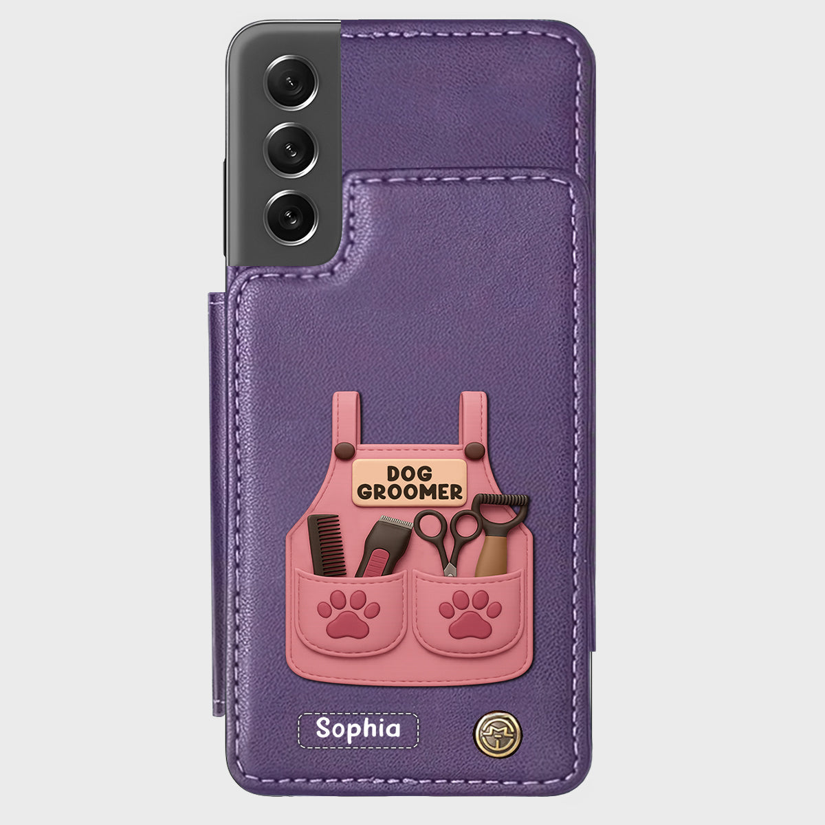 Étui portefeuille/téléphone personnalisé pour toiletteur canin, avec outils de toilettage et empreintes de pattes