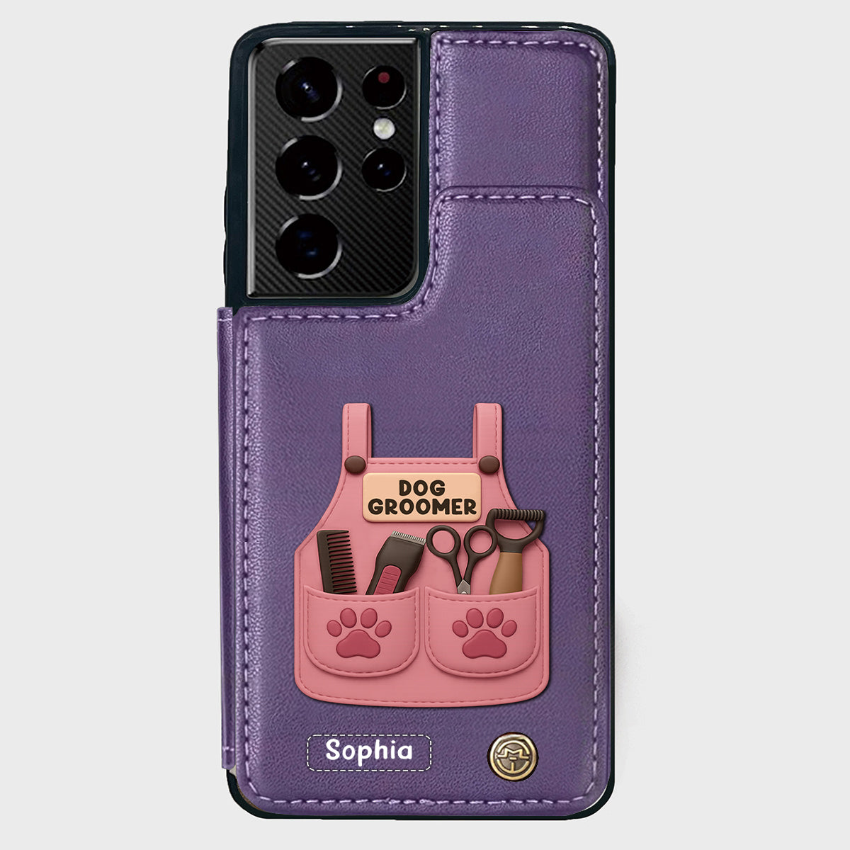 Étui portefeuille/téléphone personnalisé pour toiletteur canin, avec outils de toilettage et empreintes de pattes