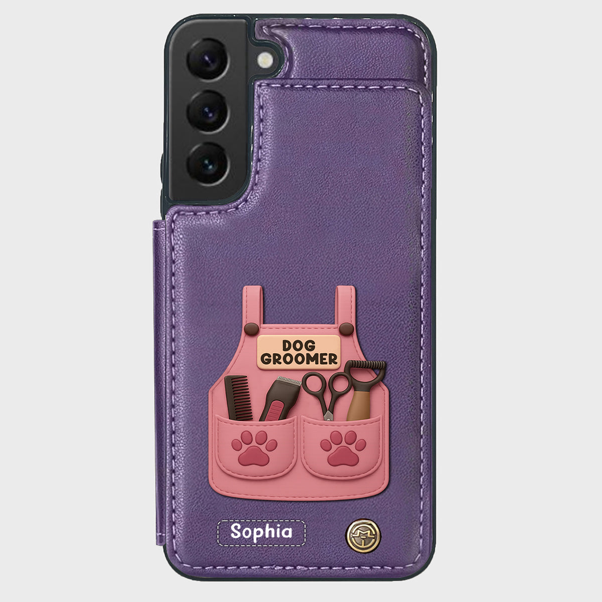 Étui portefeuille/téléphone personnalisé pour toiletteur canin, avec outils de toilettage et empreintes de pattes