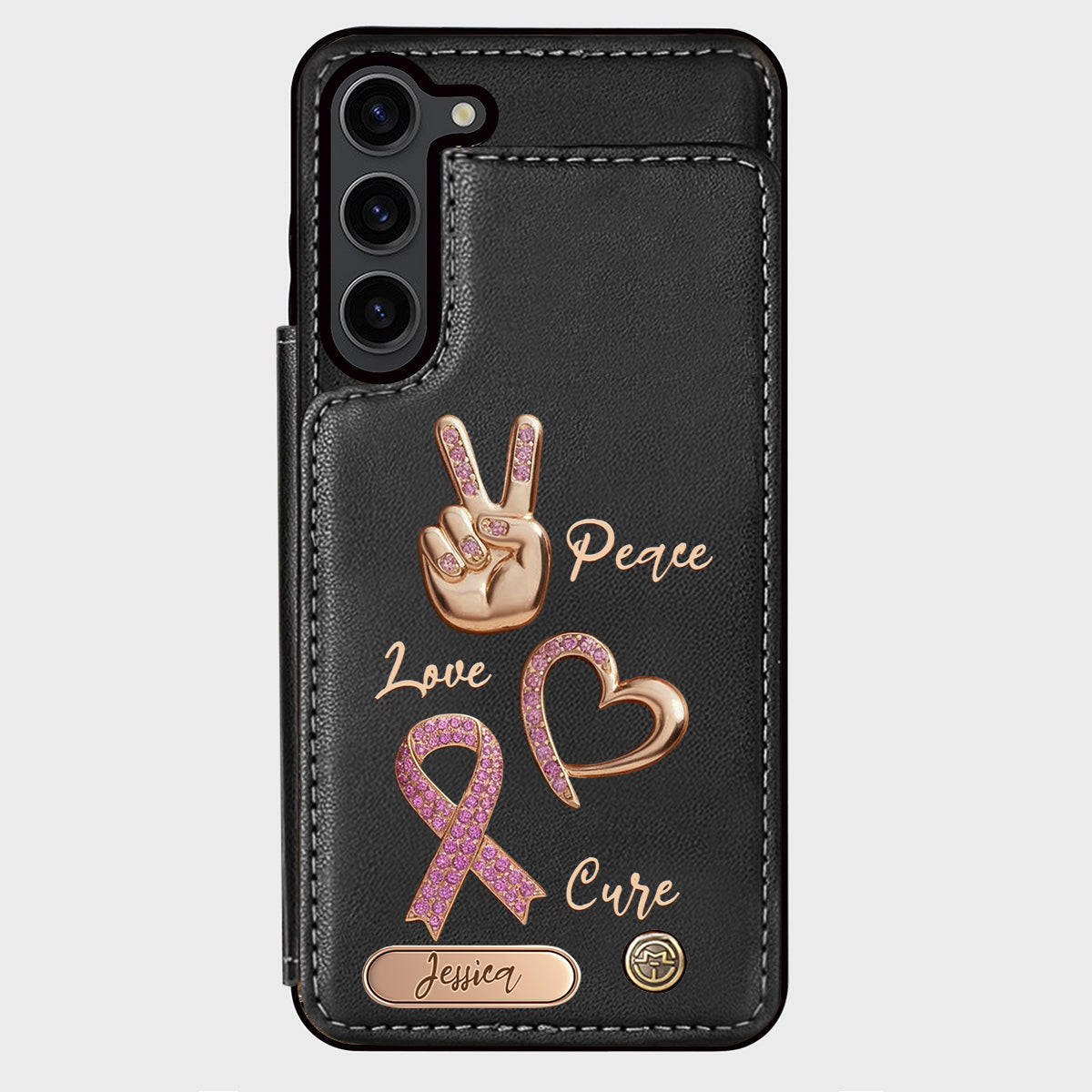 Étui portefeuille personnalisé Peace Love Cure pour téléphone, symbole de sensibilisation au cancer du sein