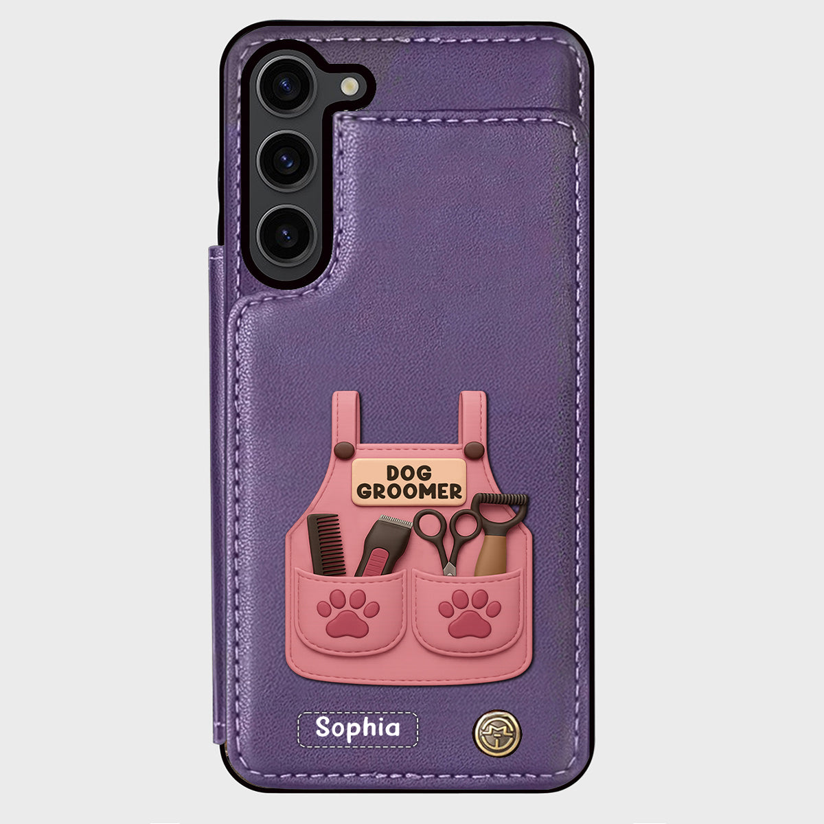 Étui portefeuille/téléphone personnalisé pour toiletteur canin, avec outils de toilettage et empreintes de pattes