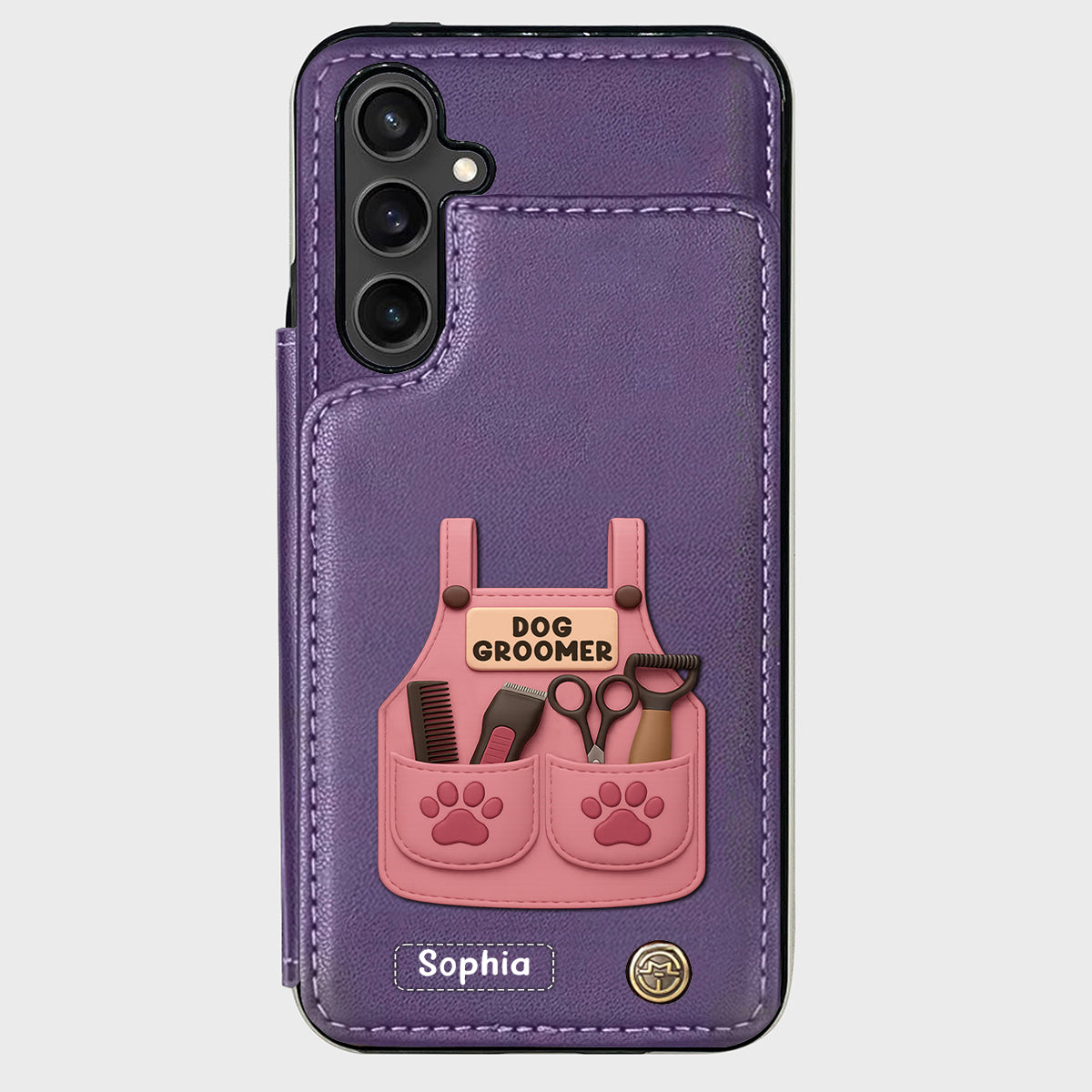 Étui portefeuille/téléphone personnalisé pour toiletteur canin, avec outils de toilettage et empreintes de pattes