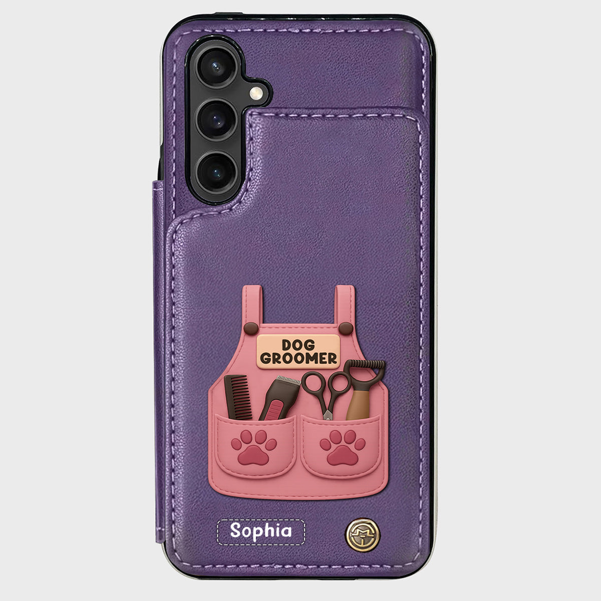 Étui portefeuille/téléphone personnalisé pour toiletteur canin, avec outils de toilettage et empreintes de pattes