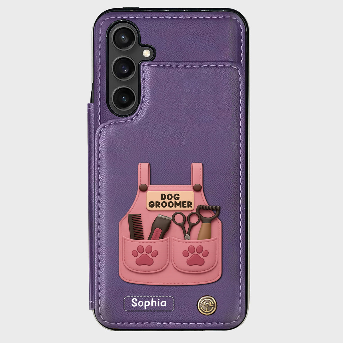 Étui portefeuille/téléphone personnalisé pour toiletteur canin, avec outils de toilettage et empreintes de pattes
