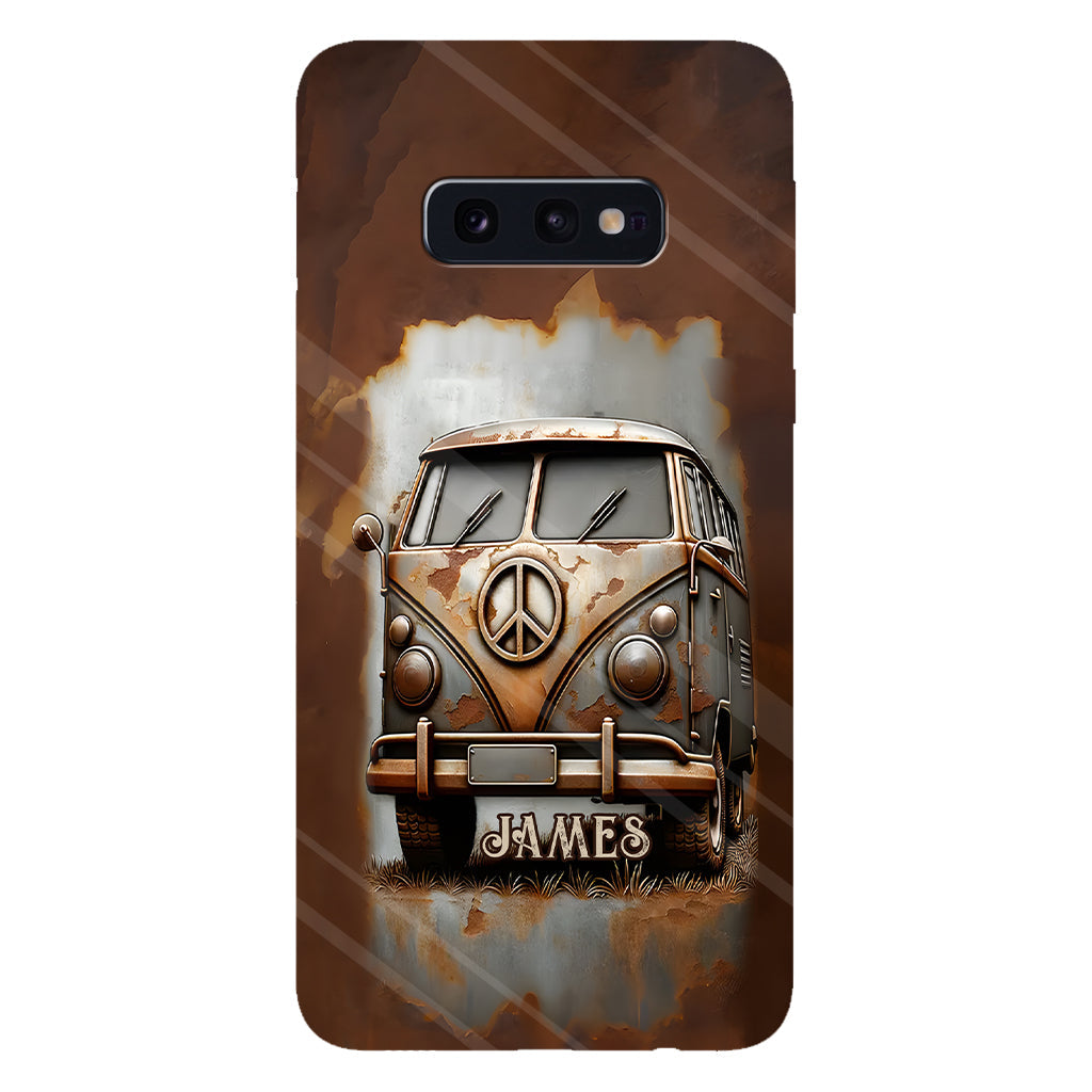 Coque de téléphone personnalisée style hippie vintage, motif « Camping-car, symbole de paix et âme », imprimée intégralement, avec symbole de paix et camping-car.