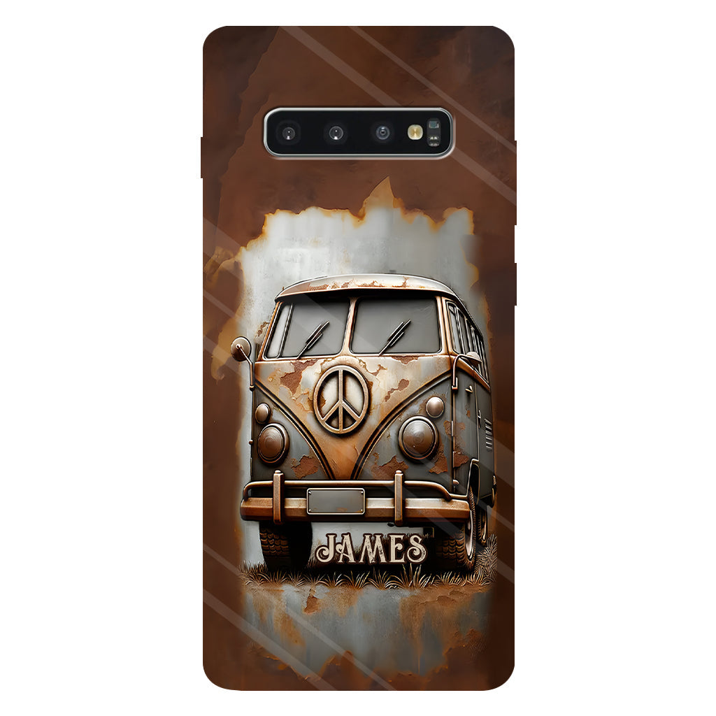 Coque de téléphone personnalisée style hippie vintage, motif « Camping-car, symbole de paix et âme », imprimée intégralement, avec symbole de paix et camping-car.