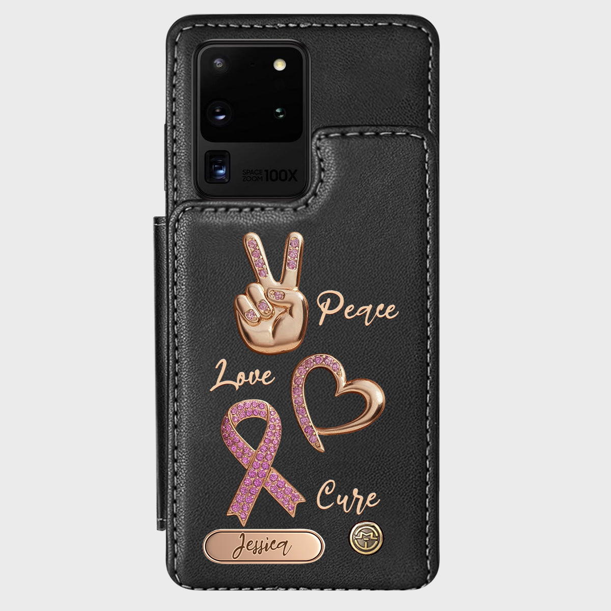 Étui portefeuille personnalisé Peace Love Cure pour téléphone, symbole de sensibilisation au cancer du sein