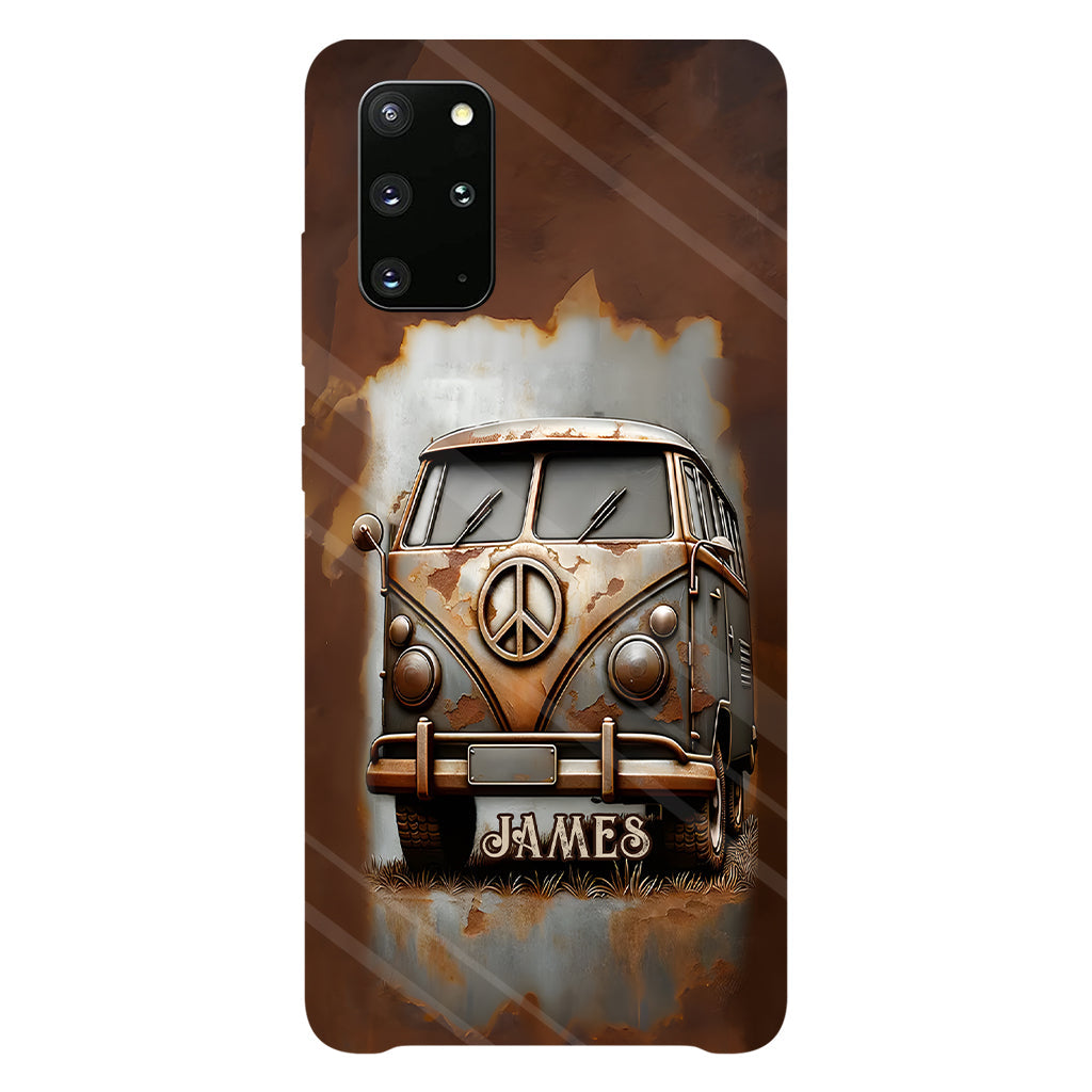 Coque de téléphone personnalisée style hippie vintage, motif « Camping-car, symbole de paix et âme », imprimée intégralement, avec symbole de paix et camping-car.