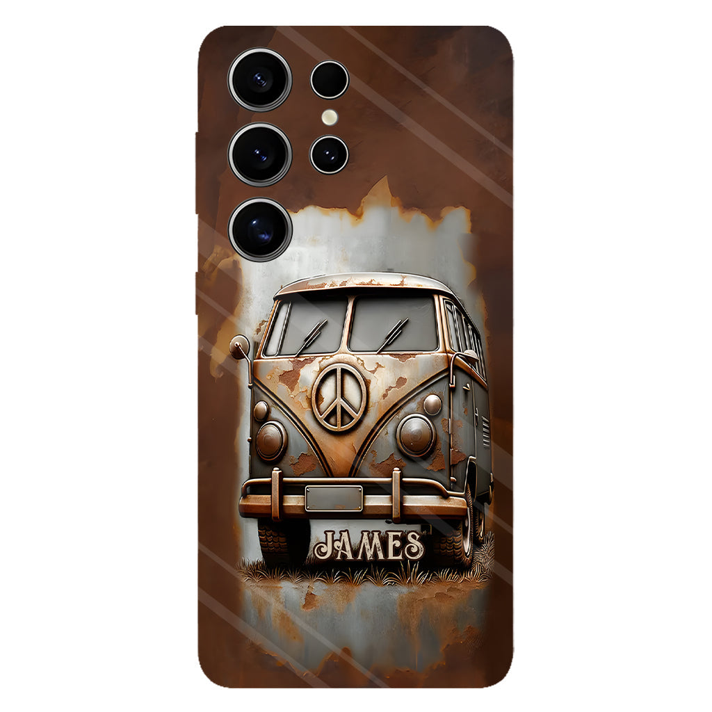 Coque de téléphone personnalisée style hippie vintage, motif « Camping-car, symbole de paix et âme », imprimée intégralement, avec symbole de paix et camping-car.