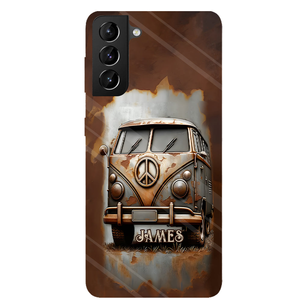 Coque de téléphone personnalisée style hippie vintage, motif « Camping-car, symbole de paix et âme », imprimée intégralement, avec symbole de paix et camping-car.