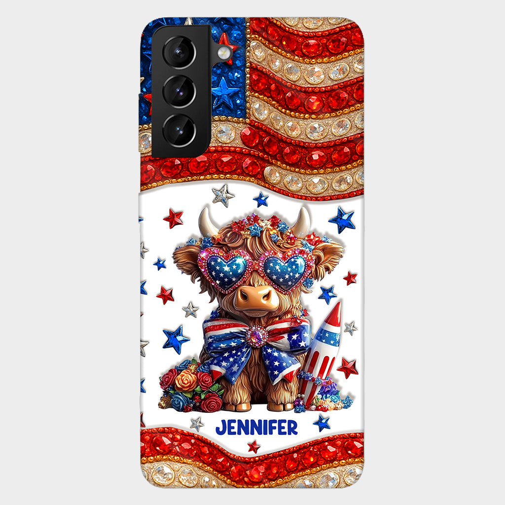 Coque de téléphone personnalisée avec motif vache des Highlands, motif 4 juillet américain