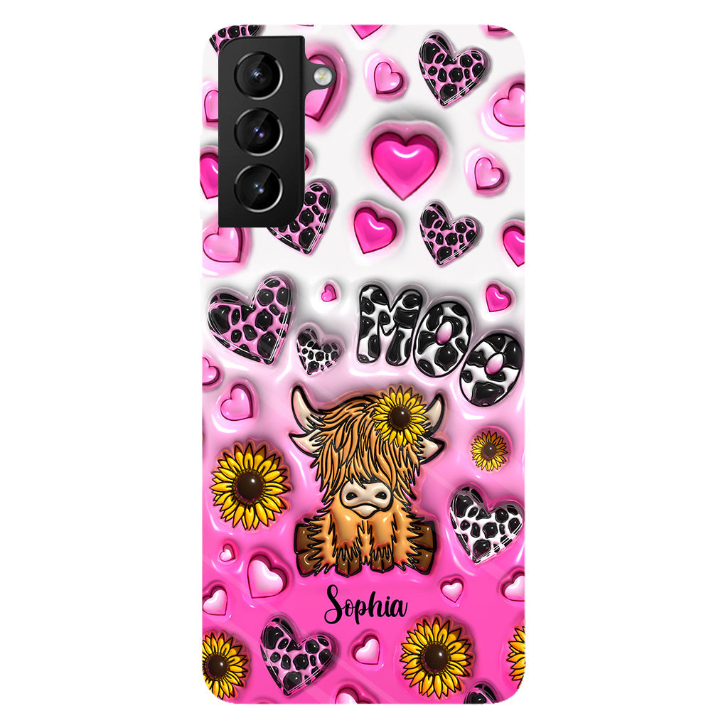 Coque de téléphone personnalisée avec impression intégrale représentant une vache des Highlands et un tournesol