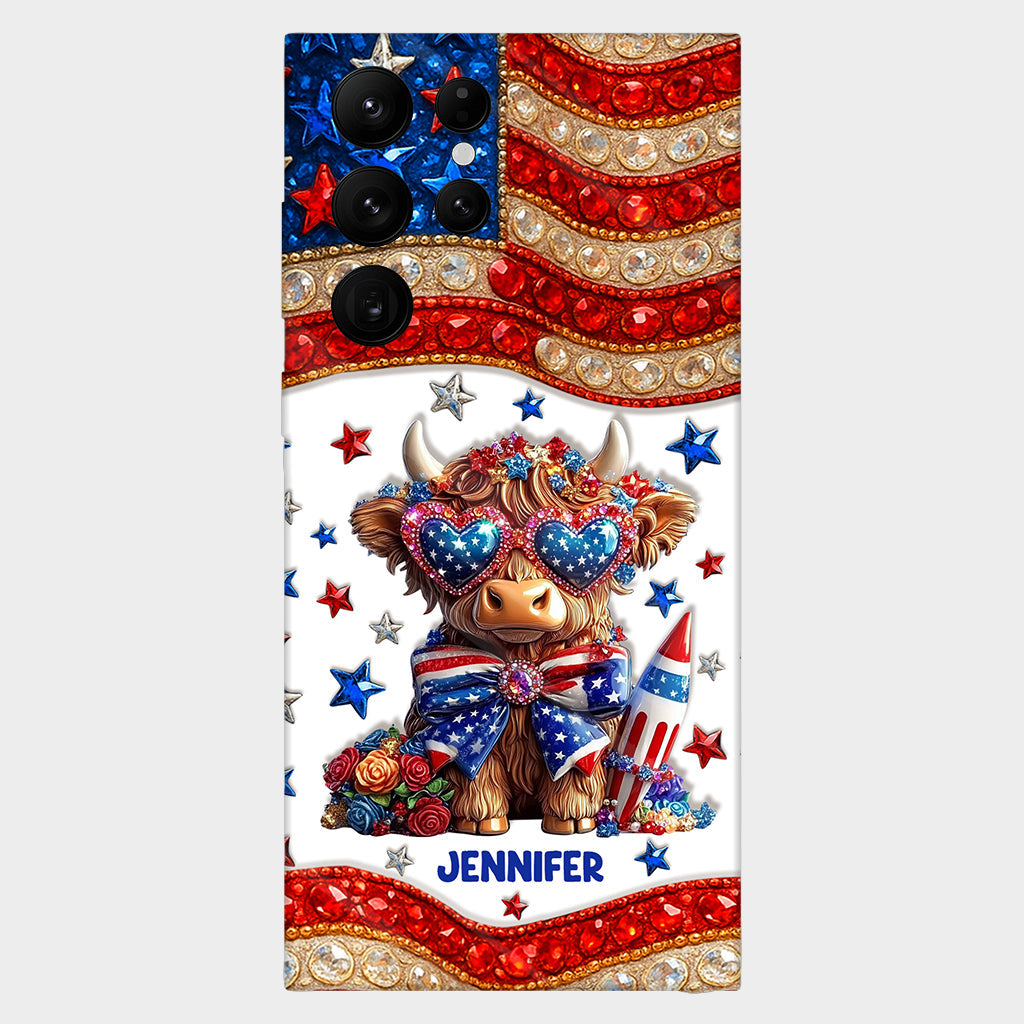 Coque de téléphone personnalisée avec motif vache des Highlands, motif 4 juillet américain