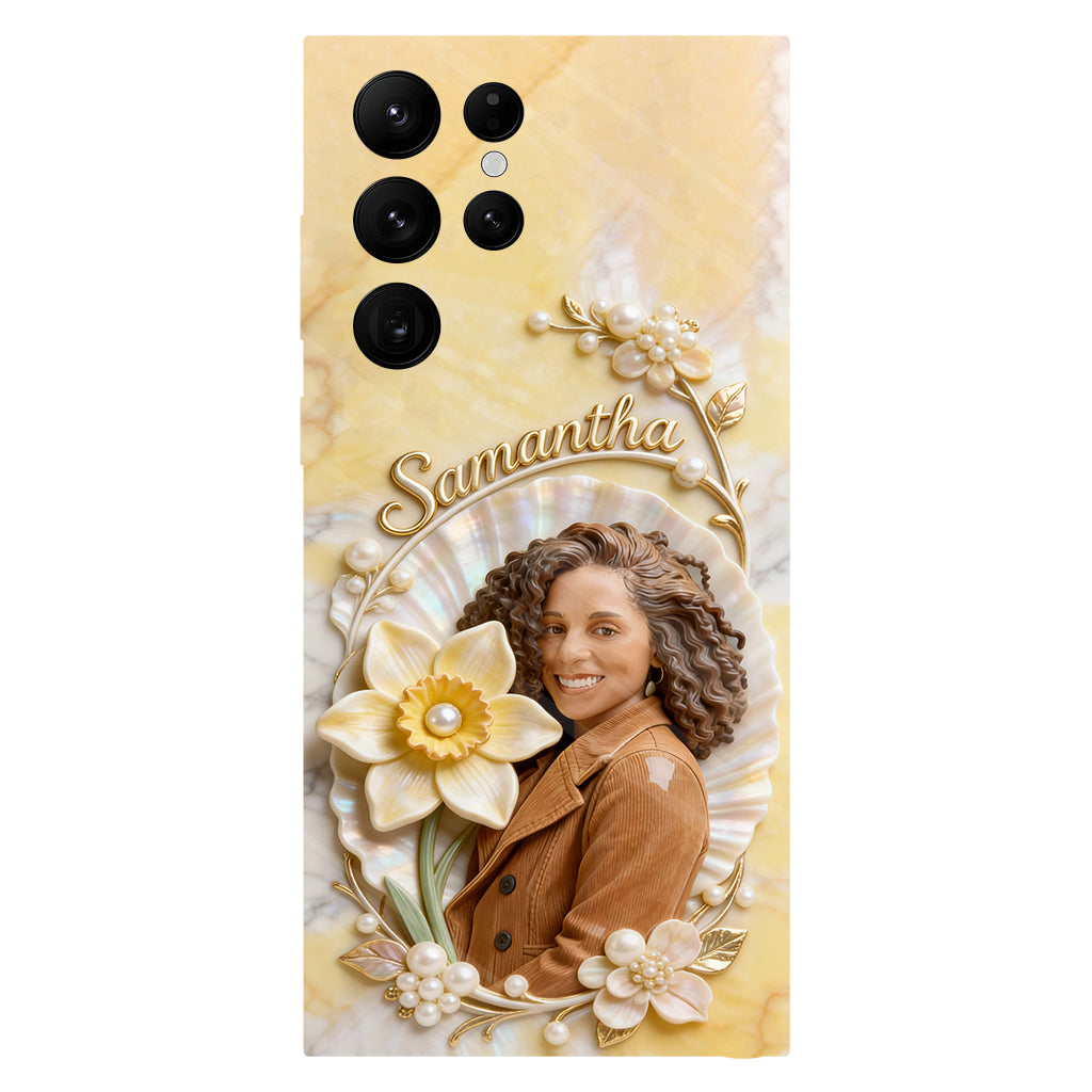 Personalisierte Handyhülle mit Geburtsmonatsblume und Foto – Selbstliebe-Motiv