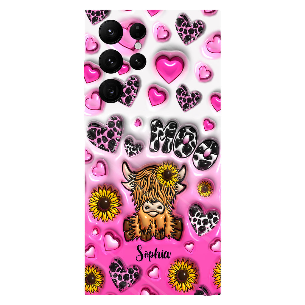 Coque de téléphone personnalisée avec impression intégrale représentant une vache des Highlands et un tournesol