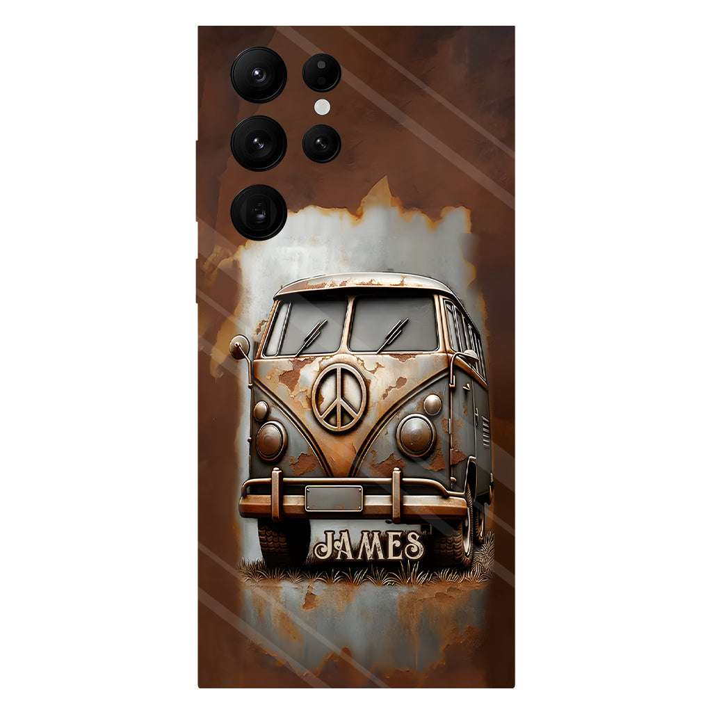 Coque de téléphone personnalisée style hippie vintage, motif « Camping-car, symbole de paix et âme », imprimée intégralement, avec symbole de paix et camping-car.