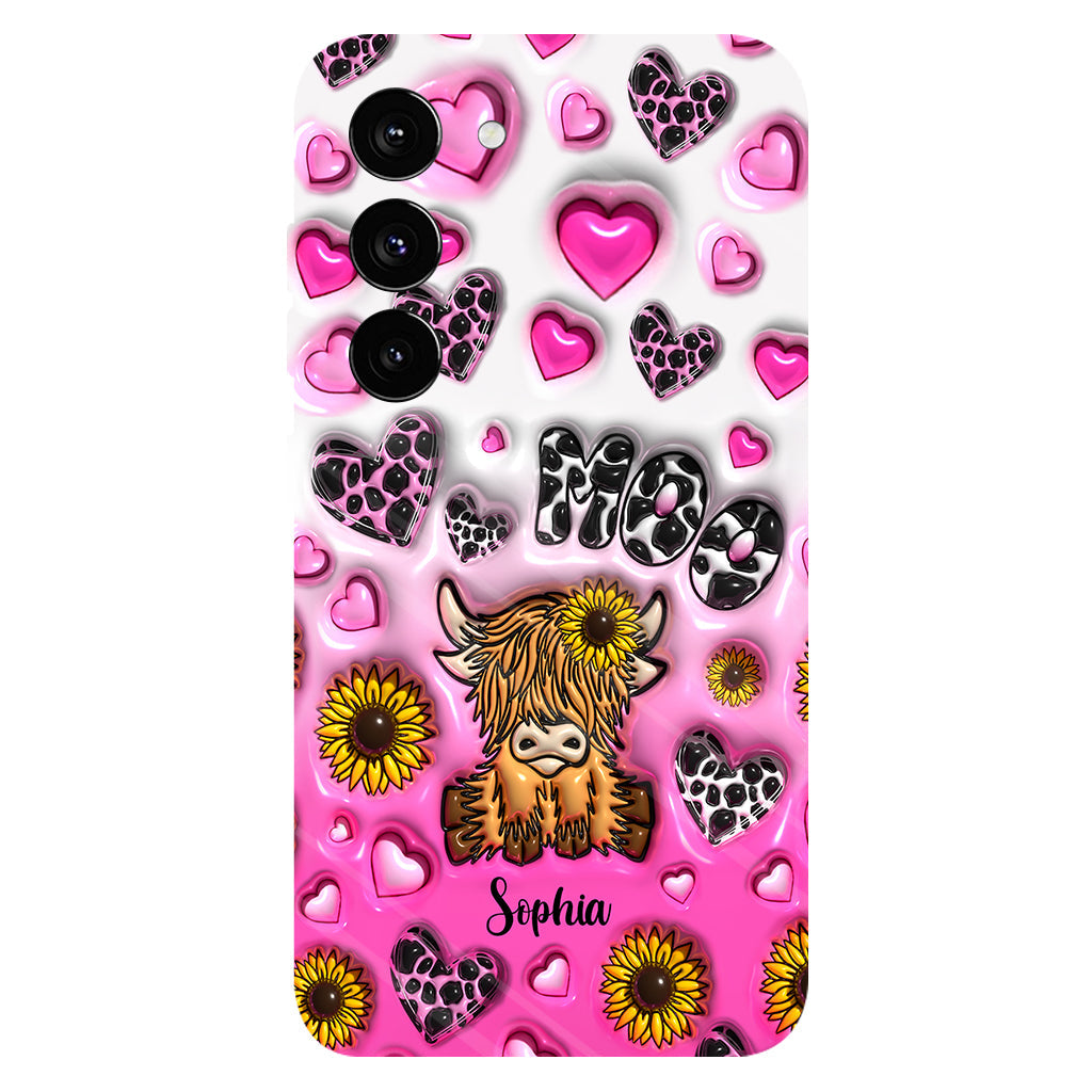 Coque de téléphone personnalisée avec impression intégrale représentant une vache des Highlands et un tournesol