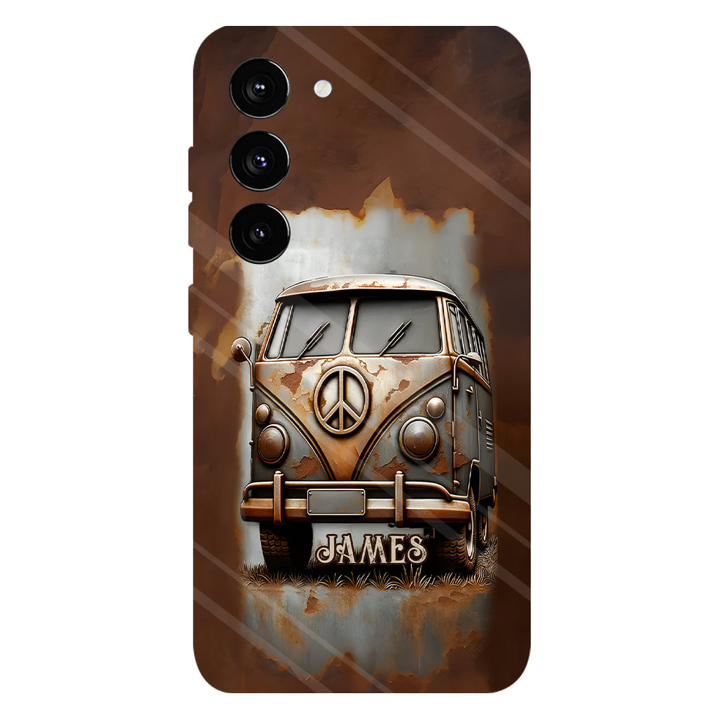 Coque de téléphone personnalisée style hippie vintage, motif « Camping-car, symbole de paix et âme », imprimée intégralement, avec symbole de paix et camping-car.
