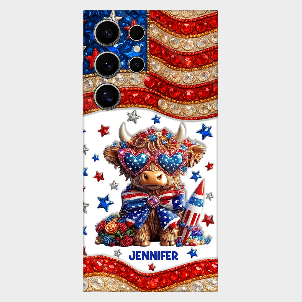 Coque de téléphone personnalisée avec motif vache des Highlands, motif 4 juillet américain