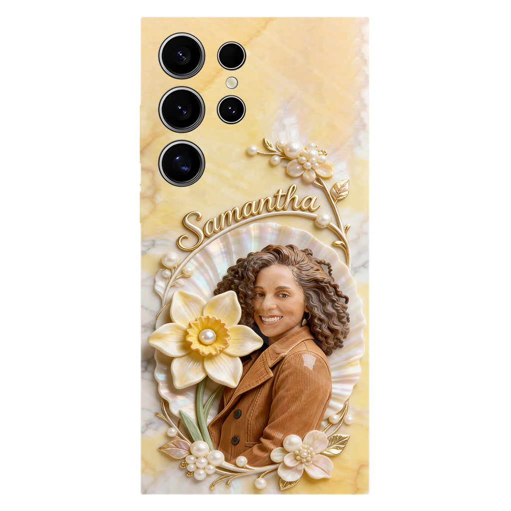 Personalisierte Handyhülle mit Geburtsmonatsblume und Foto – Selbstliebe-Motiv