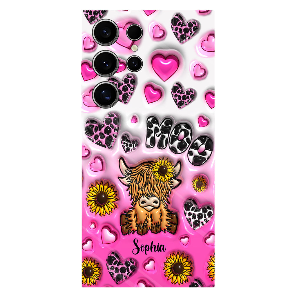 Coque de téléphone personnalisée avec impression intégrale représentant une vache des Highlands et un tournesol