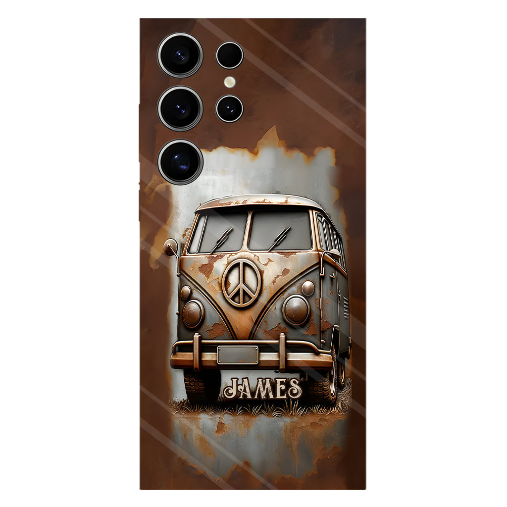 Coque de téléphone personnalisée style hippie vintage, motif « Camping-car, symbole de paix et âme », imprimée intégralement, avec symbole de paix et camping-car.