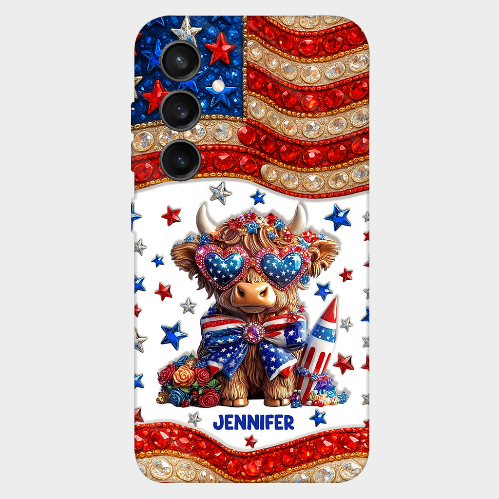 Coque de téléphone personnalisée avec motif vache des Highlands, motif 4 juillet américain