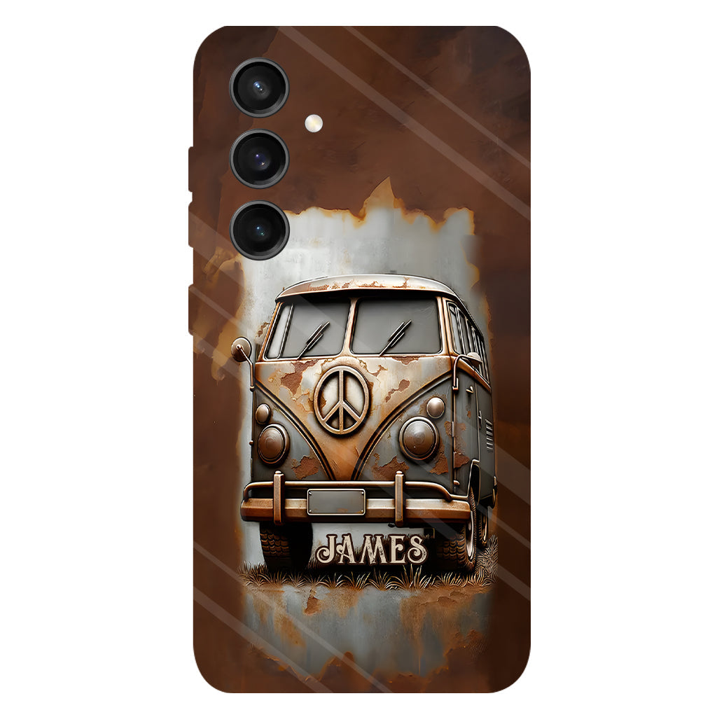 Coque de téléphone personnalisée style hippie vintage, motif « Camping-car, symbole de paix et âme », imprimée intégralement, avec symbole de paix et camping-car.