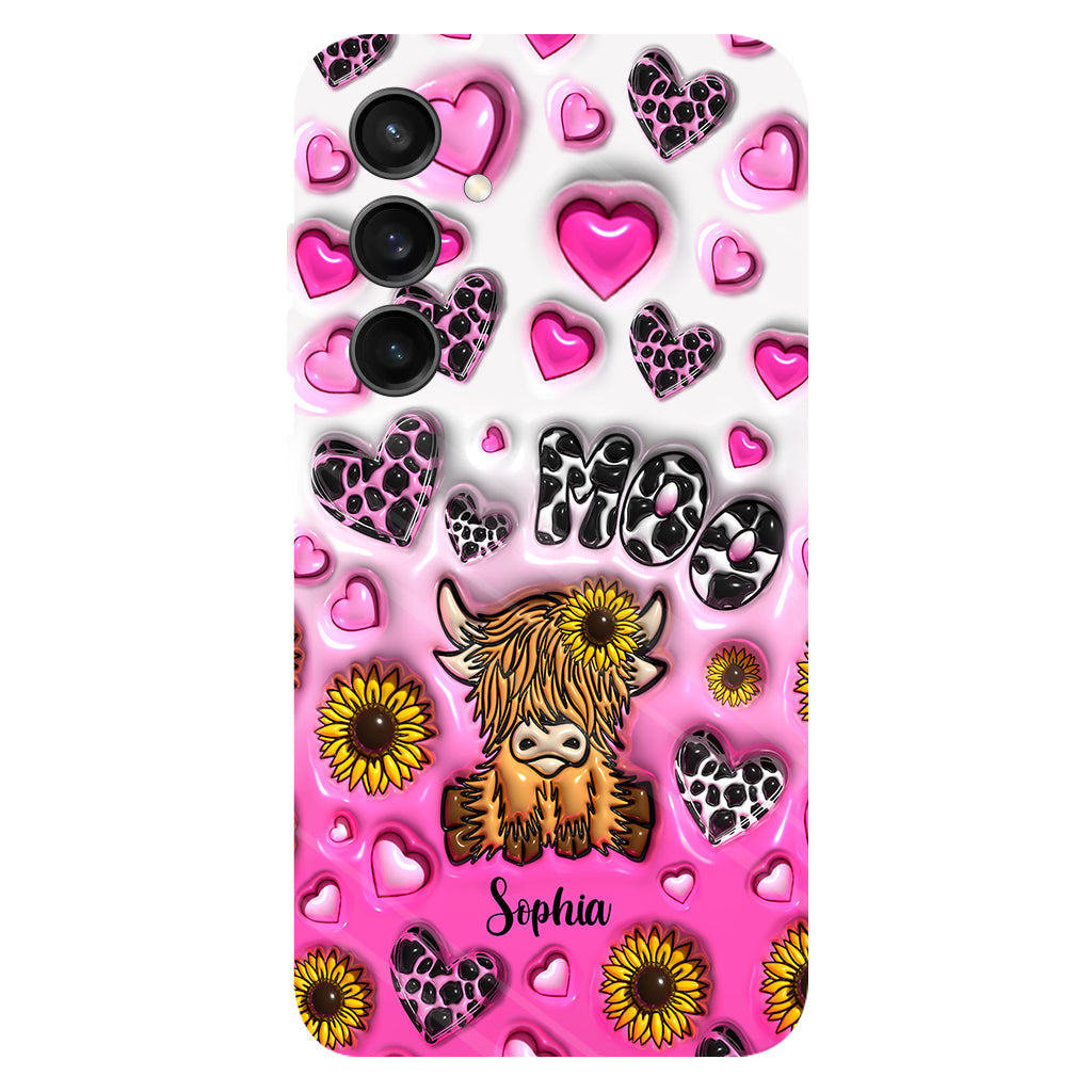 Coque de téléphone personnalisée avec impression intégrale représentant une vache des Highlands et un tournesol