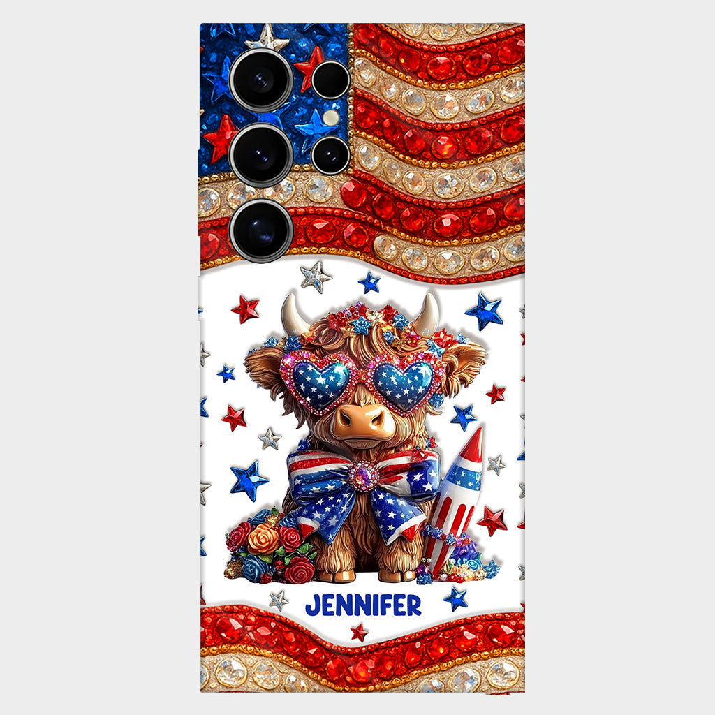 Coque de téléphone personnalisée avec motif vache des Highlands, motif 4 juillet américain
