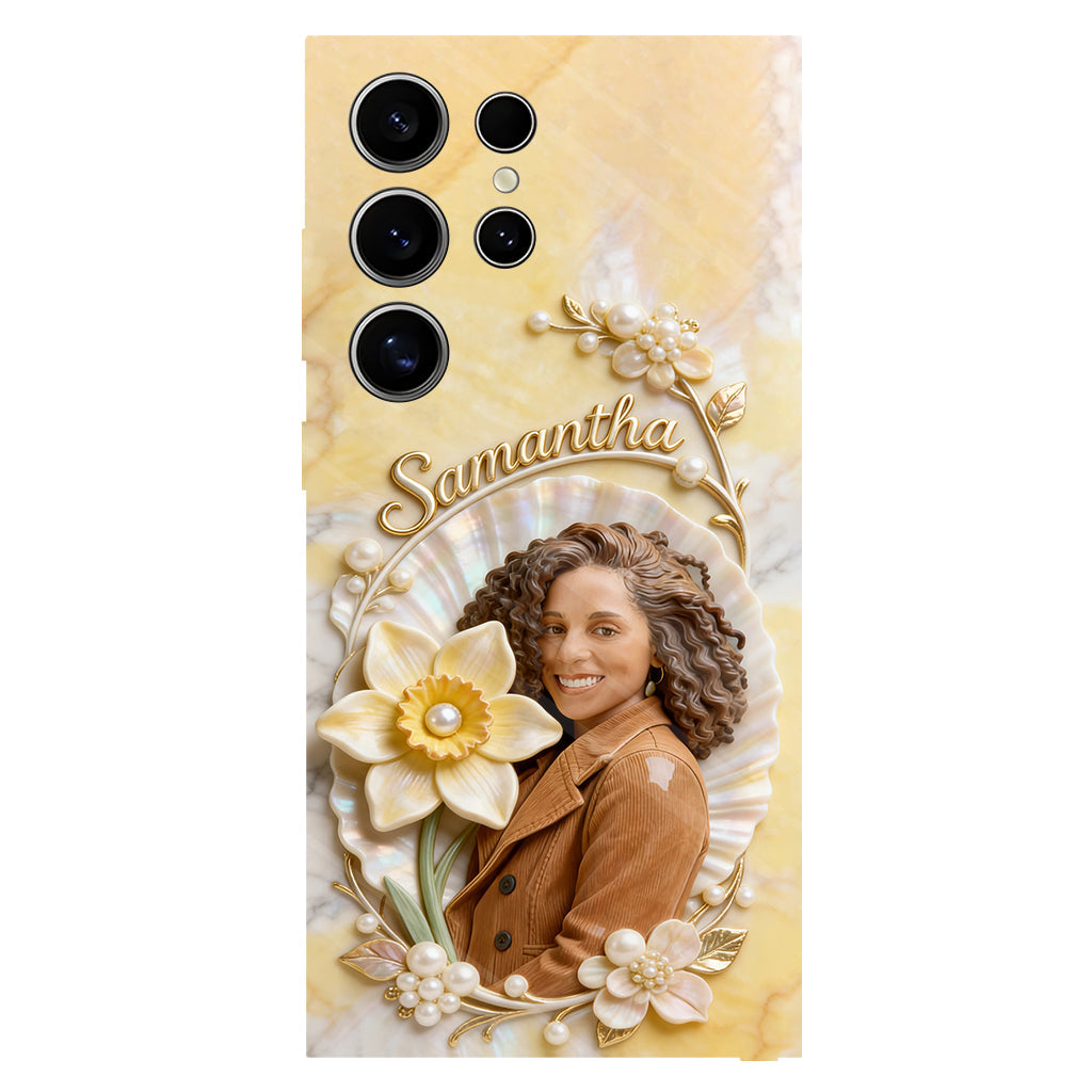 Personalisierte Handyhülle mit Geburtsmonatsblume und Foto – Selbstliebe-Motiv