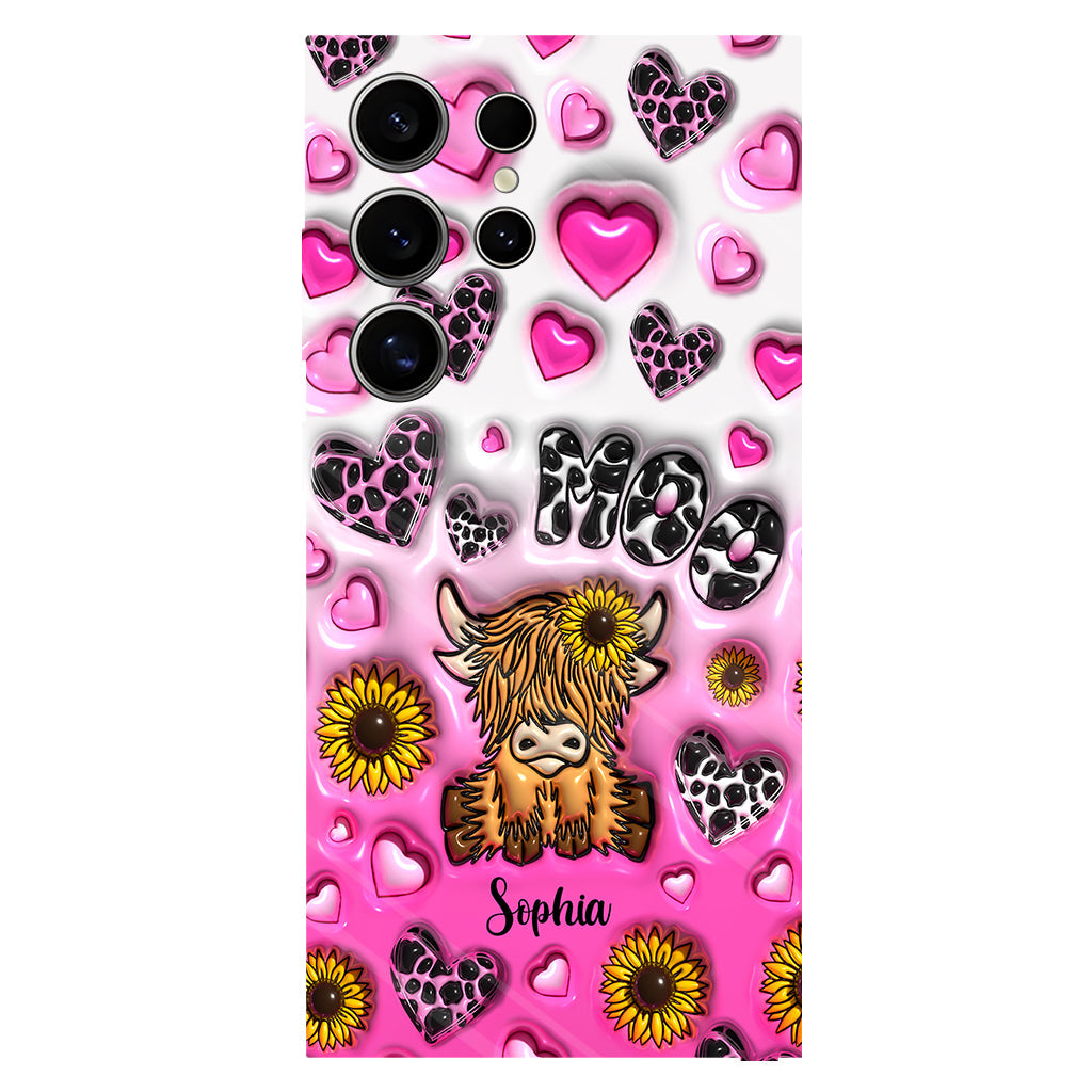Coque de téléphone personnalisée avec impression intégrale représentant une vache des Highlands et un tournesol