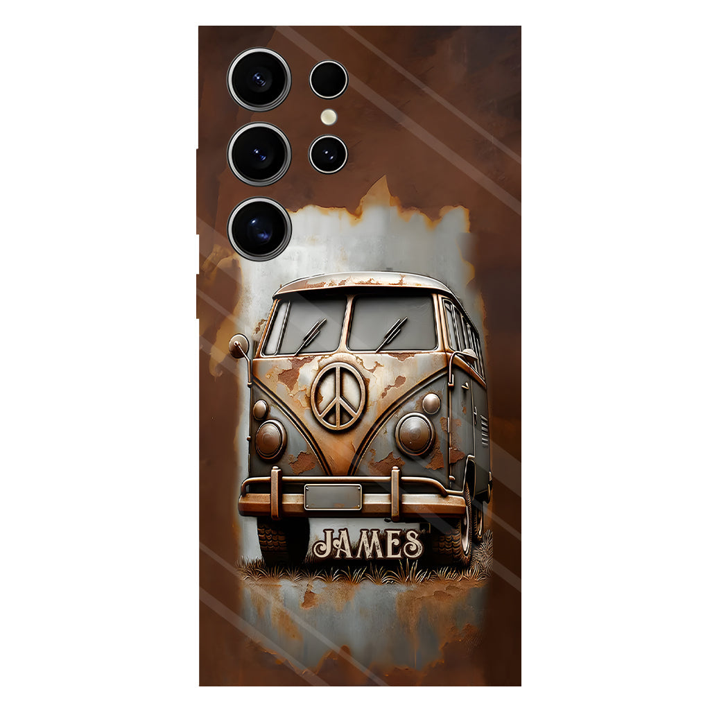 Coque de téléphone personnalisée style hippie vintage, motif « Camping-car, symbole de paix et âme », imprimée intégralement, avec symbole de paix et camping-car.