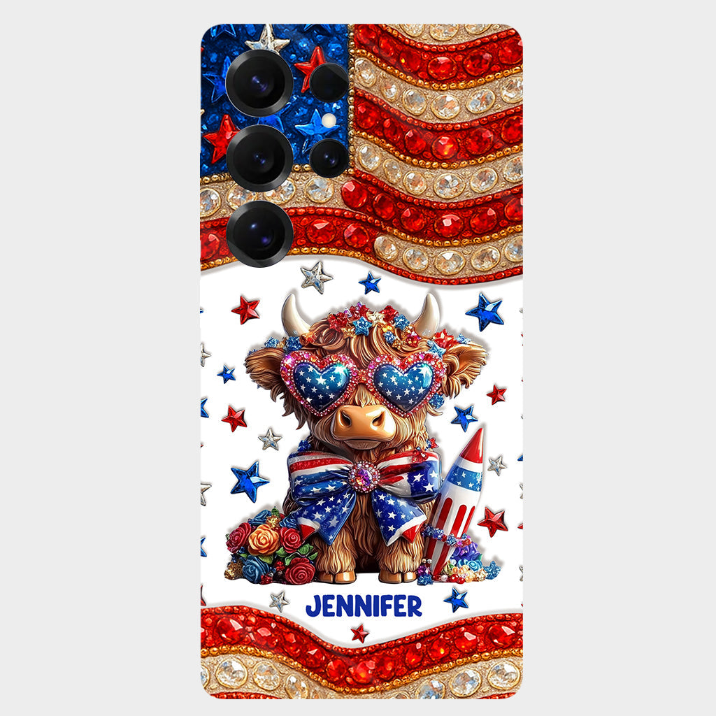 Coque de téléphone personnalisée avec motif vache des Highlands, motif 4 juillet américain