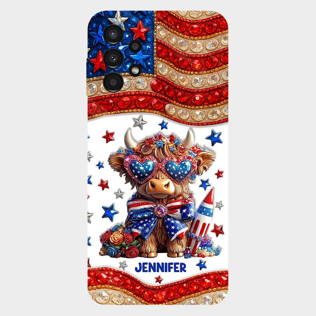 Coque de téléphone personnalisée avec motif vache des Highlands, motif 4 juillet américain