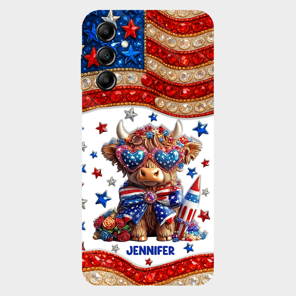 Coque de téléphone personnalisée avec motif vache des Highlands, motif 4 juillet américain