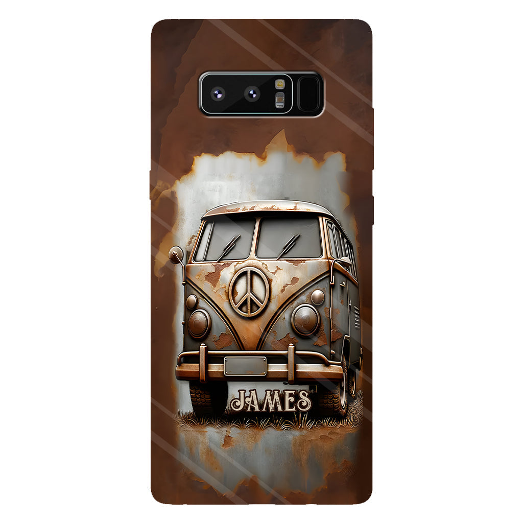 Coque de téléphone personnalisée style hippie vintage, motif « Camping-car, symbole de paix et âme », imprimée intégralement, avec symbole de paix et camping-car.