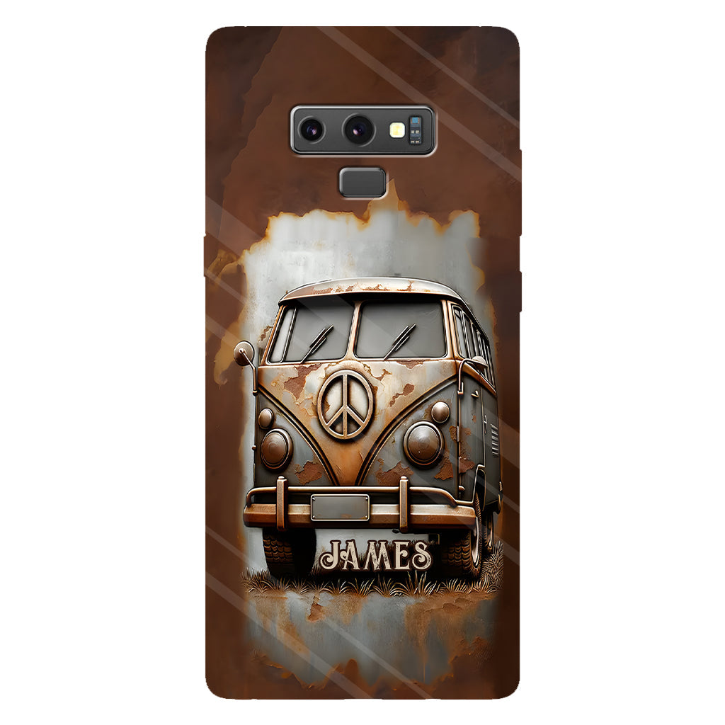 Coque de téléphone personnalisée style hippie vintage, motif « Camping-car, symbole de paix et âme », imprimée intégralement, avec symbole de paix et camping-car.